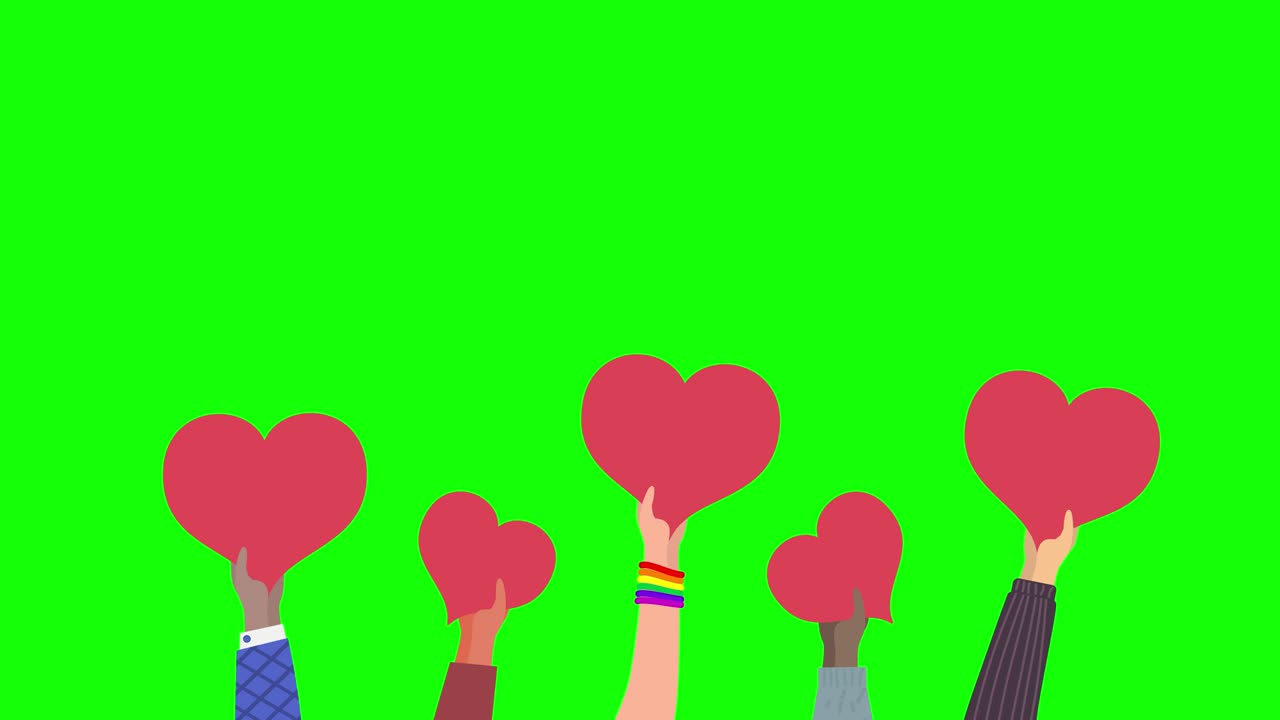 Animation of raising up hands with hearts. Different hands holding hearts. Template for Valentines Day, Mother's Day, 8 march, Women's day. Charity, volunteering, donating concept. Alpha channel, 4K.