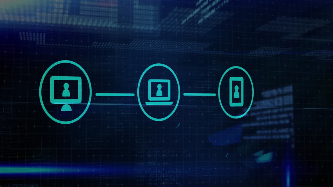Animation of data processing and icons over dark background