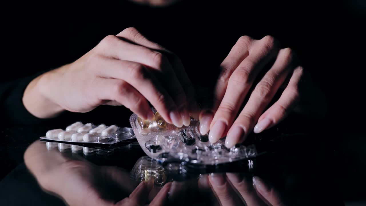 Primo piano delle mani di una donna che tengono confezioni blister di omega3, ferro e magnesio