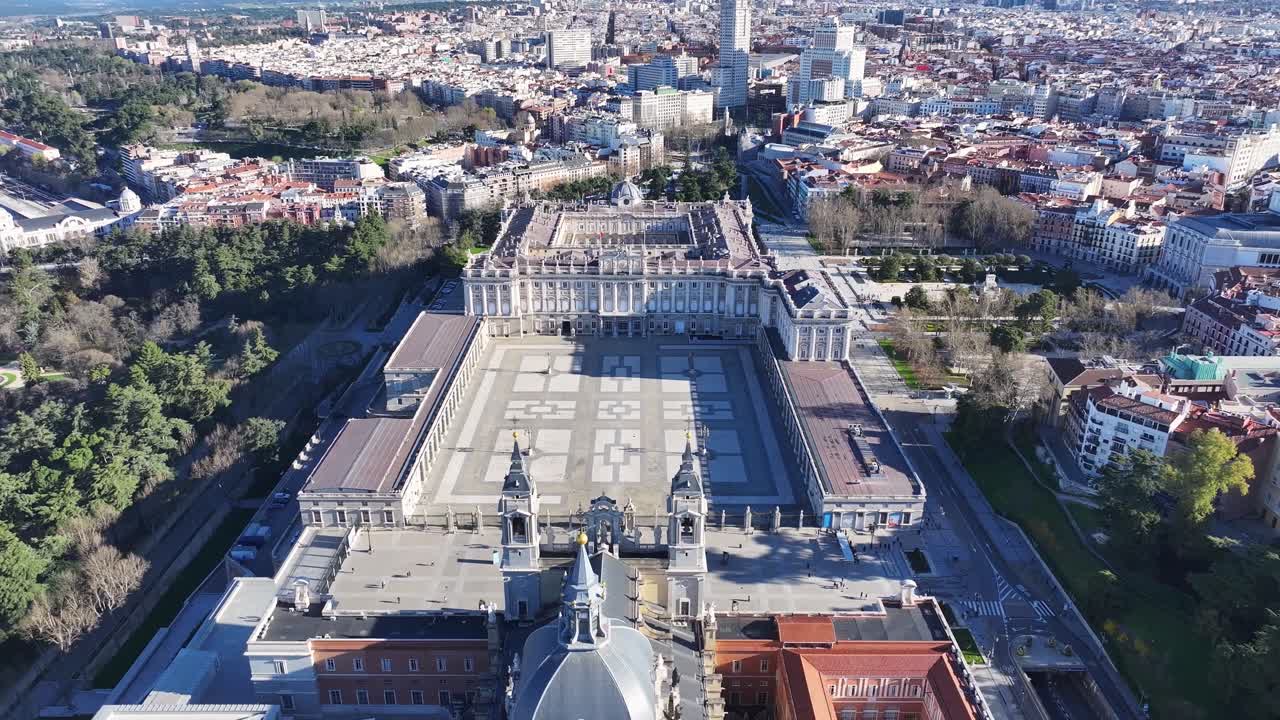 Royal Palace Of Madrid At Madrid In Community Of Madrid Spain. Medieval Buildings Landscape. Downtown District. Capital City Scenery. Royal Palace Of Madrid In Spain. Beautiful Cityscape