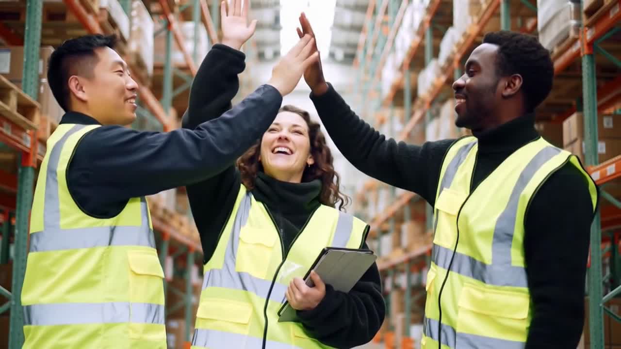 A happy and diverse warehouse team, two men and a woman, laugh and celebrate a success