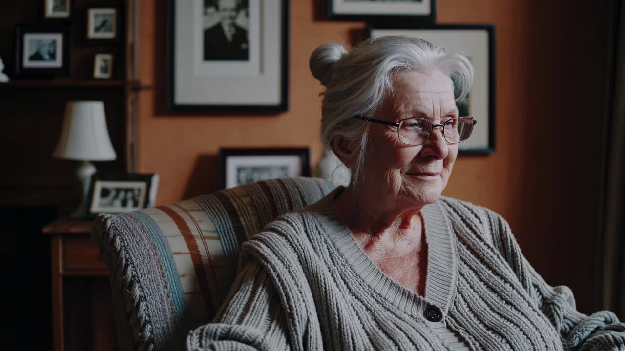 A serene video scene of an elderly woman in a cozy room, captured in a side profile angle