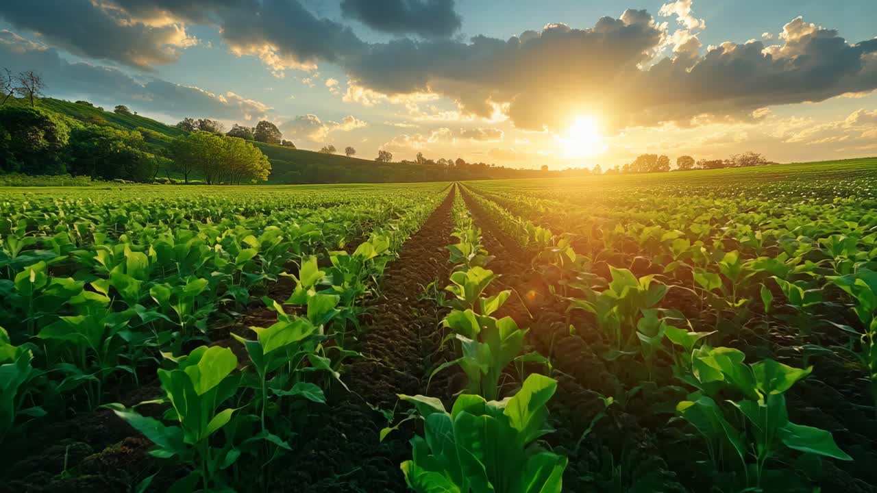 A field of green plants with a sun in the sky. The sun is setting and the sky is cloudy