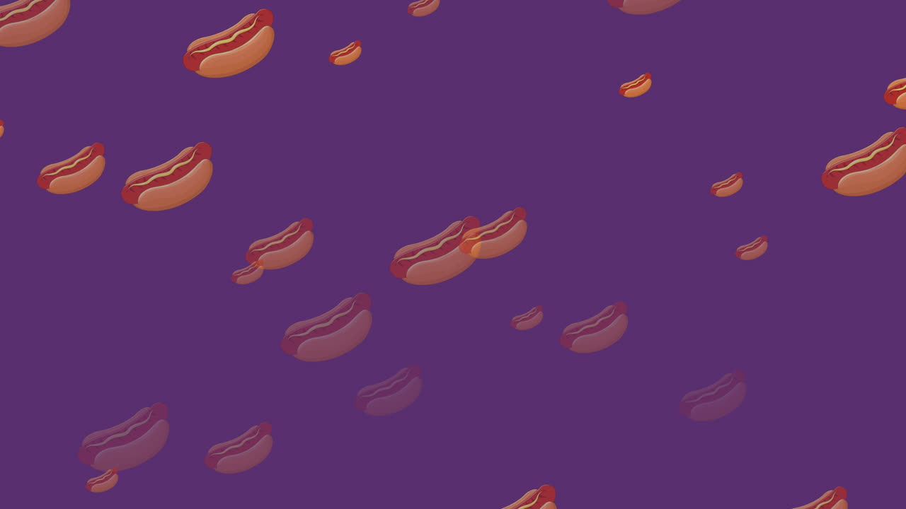animación de iconos de perritos calientes que caen sobre un fondo púrpura