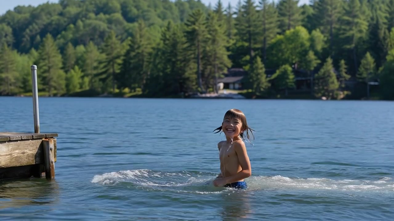 Jeune garçon heureux sautant d'un quai en bois dans un lac pendant les vacances d'été.