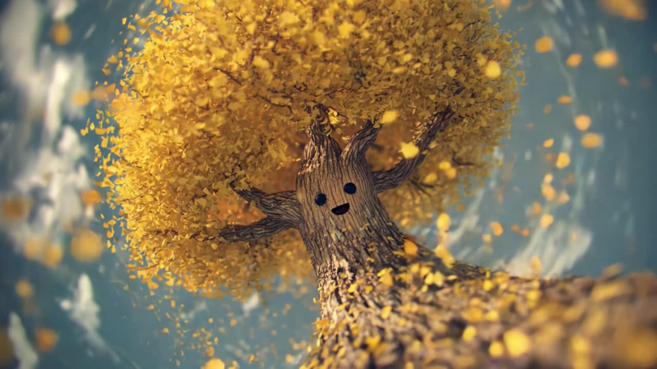 A Whimsical Tree Character Smiles Beneath a Swirling Canopy of Golden Leaves, Capturing the Essence of Nature's Beauty and Joy in a Magical Environment