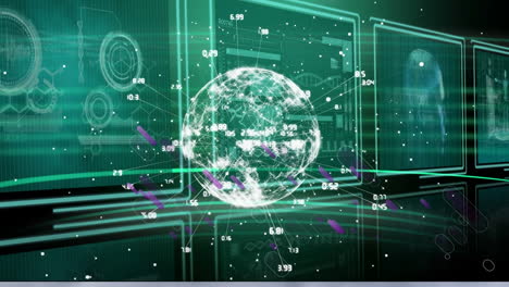 animation of purple lines and globe over data processing
