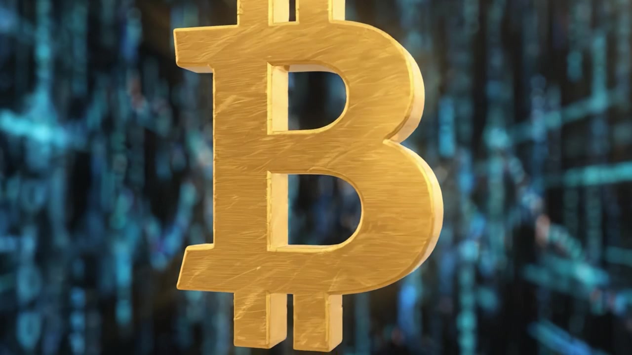 Illuminated Golden Bitcoin Symbol Against a Digital Background of Binary Code Displaying Financial Trends and Cryptocurrency Innovations