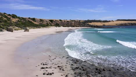 Kangaroo-Island-Stokes-Bay-aerial-with-empty-beach-and-ocean-waves,-South-Australia