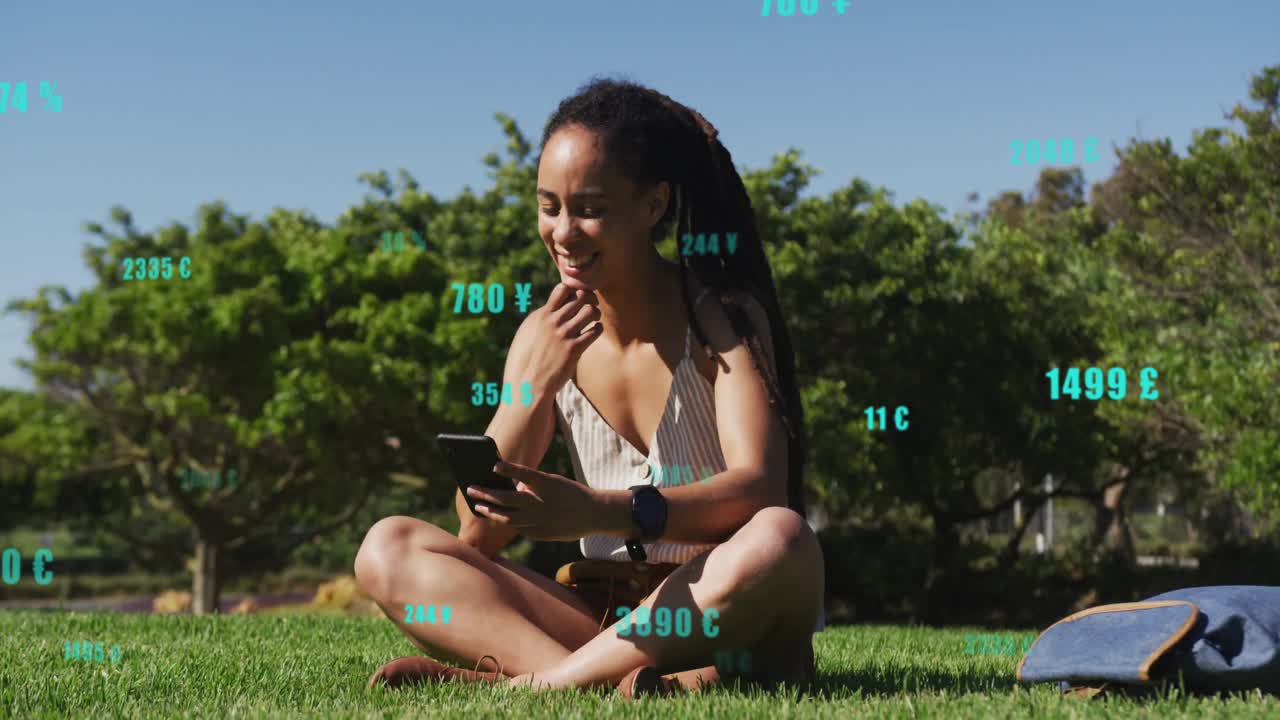 Woman tapping smartphone and updating floating currency values above grassy lawn for finance review