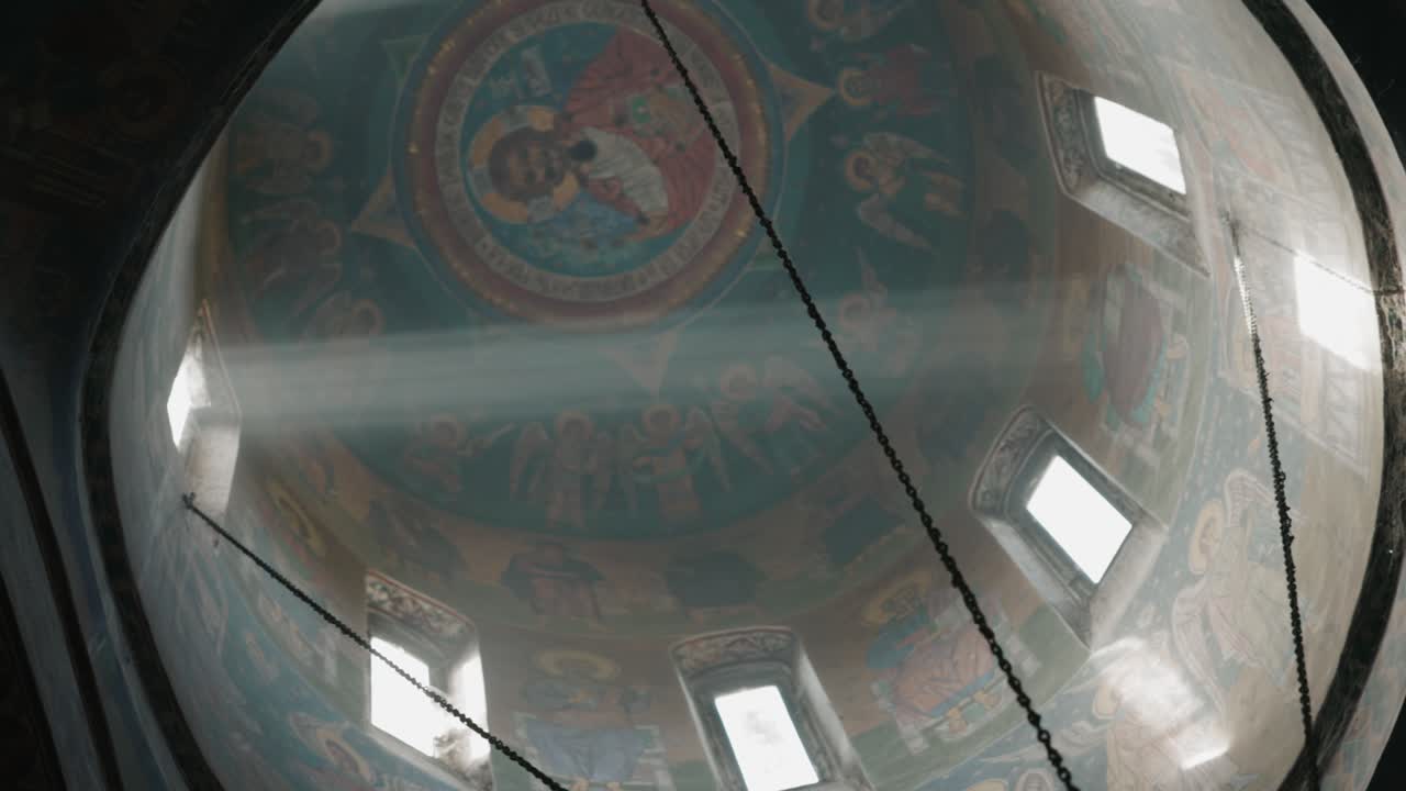 Frescoed Interior Dome Of Mera Monastery In Vrancea, Romania. Low Angle Shot