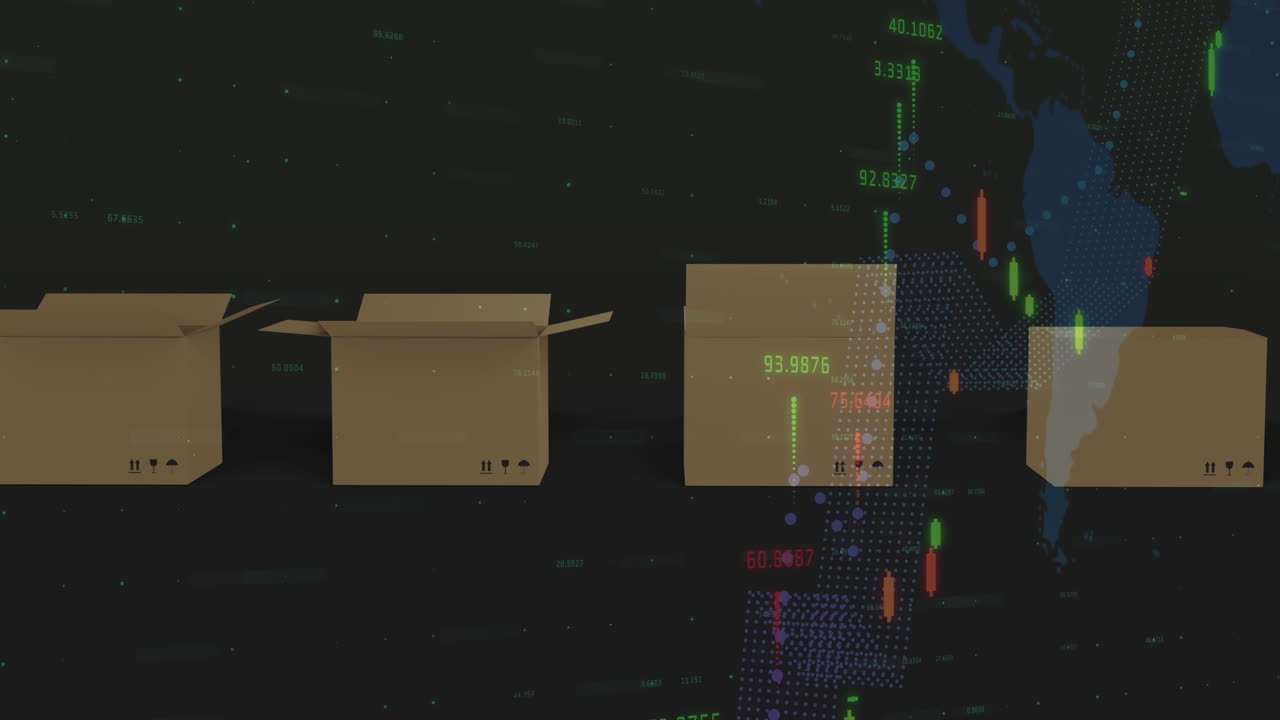 Animation af økonomisk databehandling over et verdenskort og papkasser.