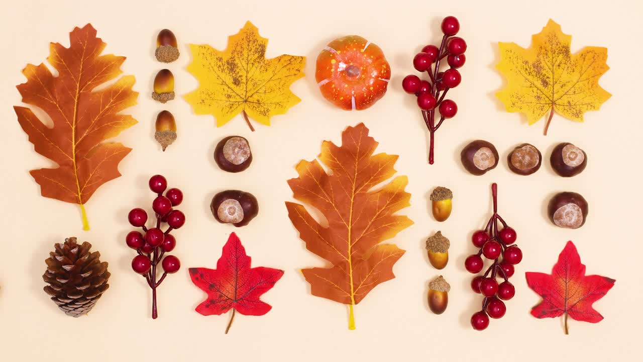 Autumn arrangement of leaves and autumn fruits move on beige background. Stop motion