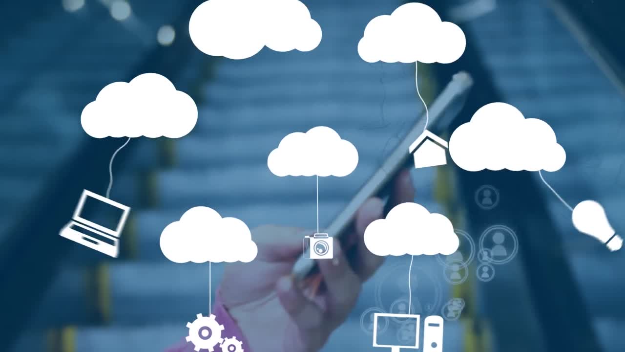 animación de nubes con iconos sobre una mujer caucásica usando un teléfono inteligente