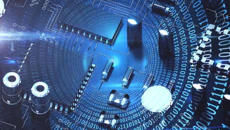 Animation of computer circuit board elements and binary coding over blue background