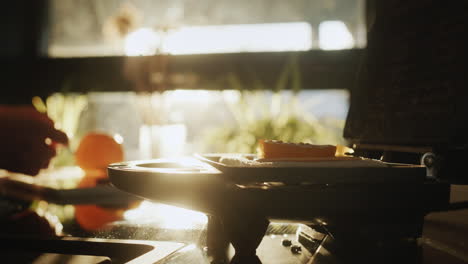 a housewife prepares a hot sandwich for breakfast. from the window the sun shines on an electric sandwich maker