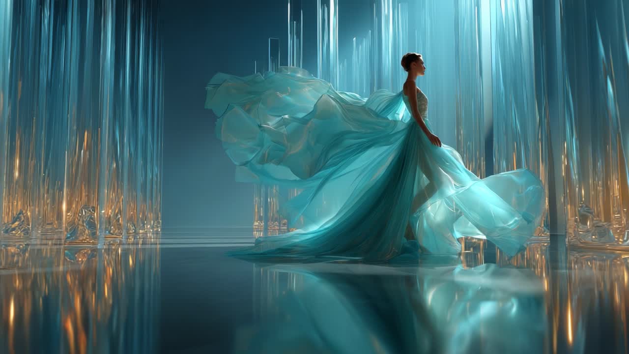 A stunning silhouette of a model gracefully posing in a flowing blue gown, surrounded by reflective crystal-like structures, capturing elegance and beauty in a magical atmosphere