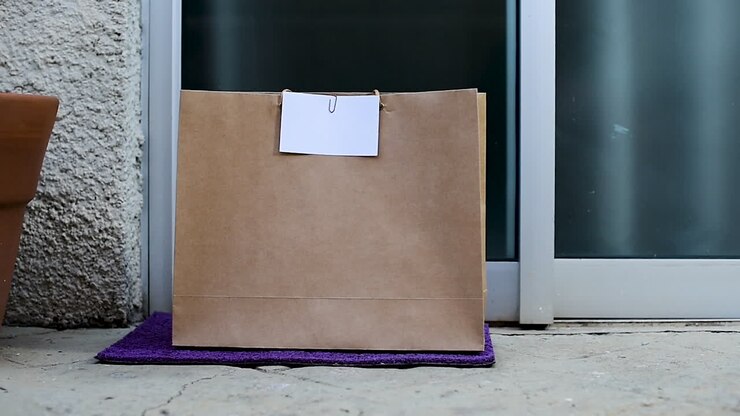 Borsa della spesa lasciata alla porta dal fattorino.