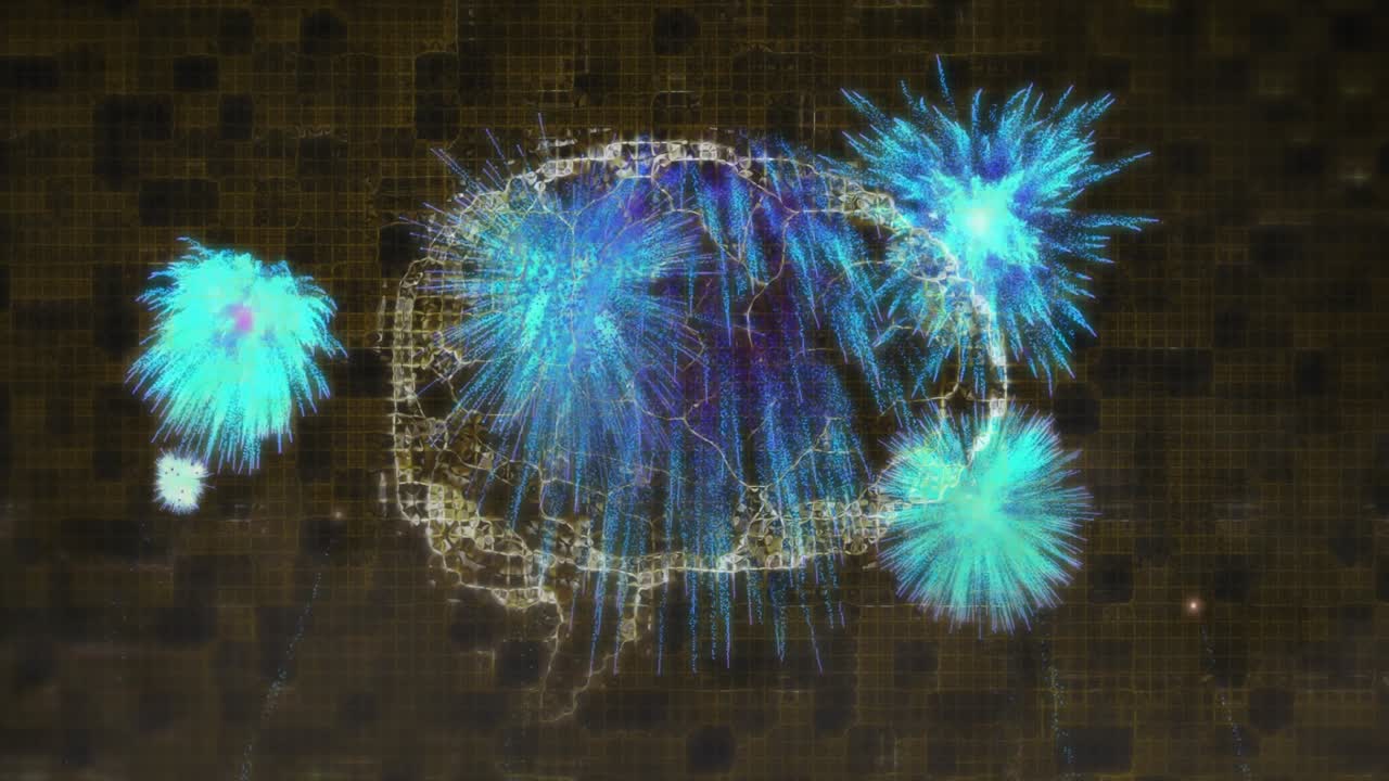 Grid darkening, wireframe brain outline rising, igniting cyan bursts at nodes, showing neural flow