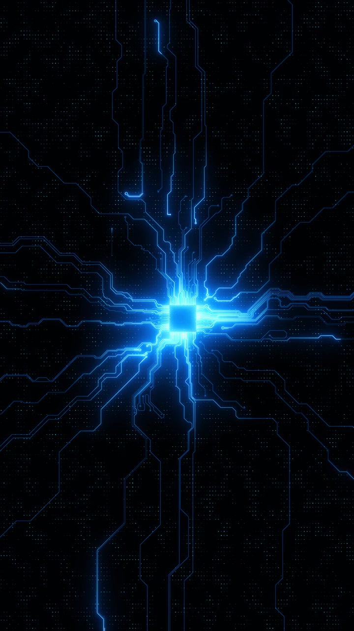 Electric blue circuitry scene bright network traces chip pathways code details modern technology