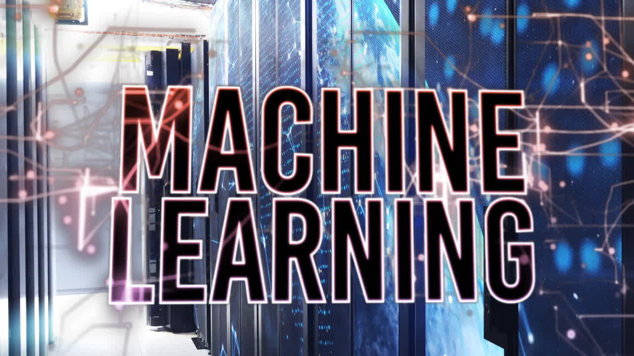 Animation of machine learning text over server room