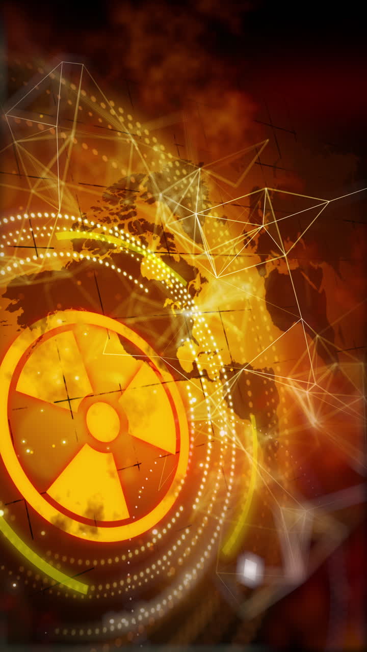 Yellow icon symbol radiation danger on dark background and world map. Informational round HUD elements. Animation of points and plexus lines. Looped seamless. Vertical video.