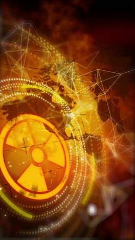 yellow icon symbol radiation danger on dark background and world map. informational round hud elements. animation of points and plexus lines. looped seamless. vertical video.