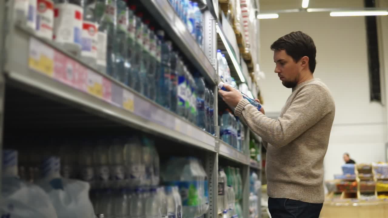 hombre comprando botellas de agua en una tienda de comestibles