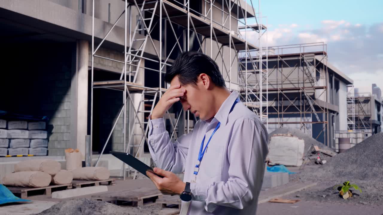Tampak Samping Seorang Pekerja Profesional Pria Asia Berdiri Dengan Tabletnya Di Lokasi Konstruksi yang Sedang Berlangsung ke Rumah Baru, Memeriksa Dengan Kecewa Dan Mengangguk Kepalanya