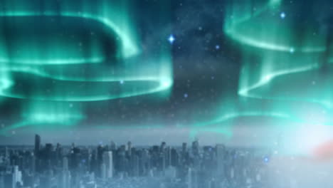 animation of green and blue aurora borealis lights moving over sky and cityscape