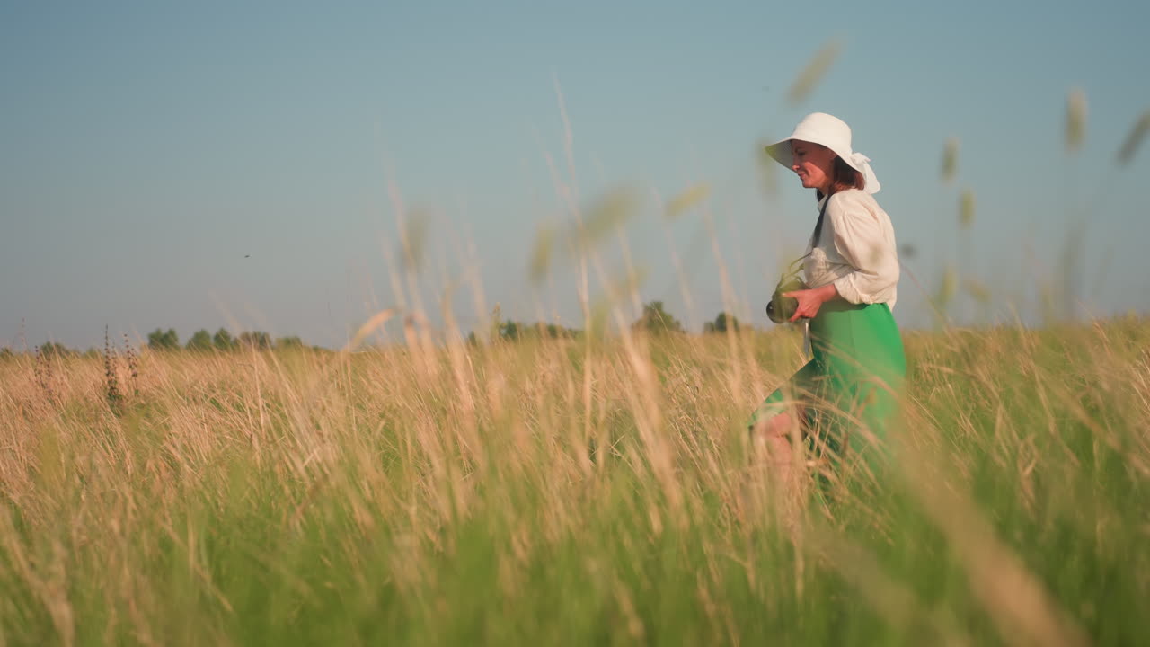 young woman holding camera standing in open grassy field under clear blue sky during daylight exploring landscape with relaxed expression wearing white hat and green skirt