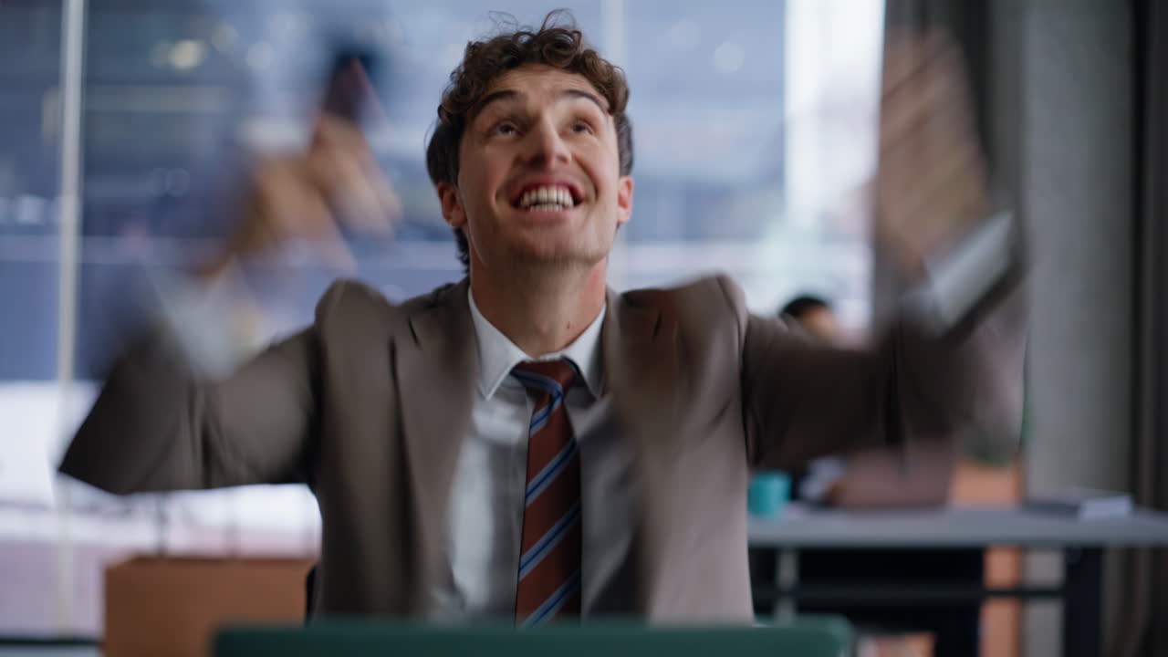 Office manager receive message with good news closeup. Man winning promotion