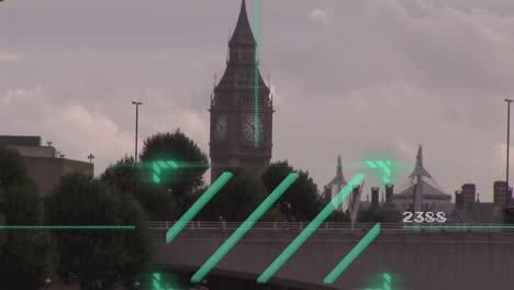 animation of green scanner scanning against view of big ben tower and london city