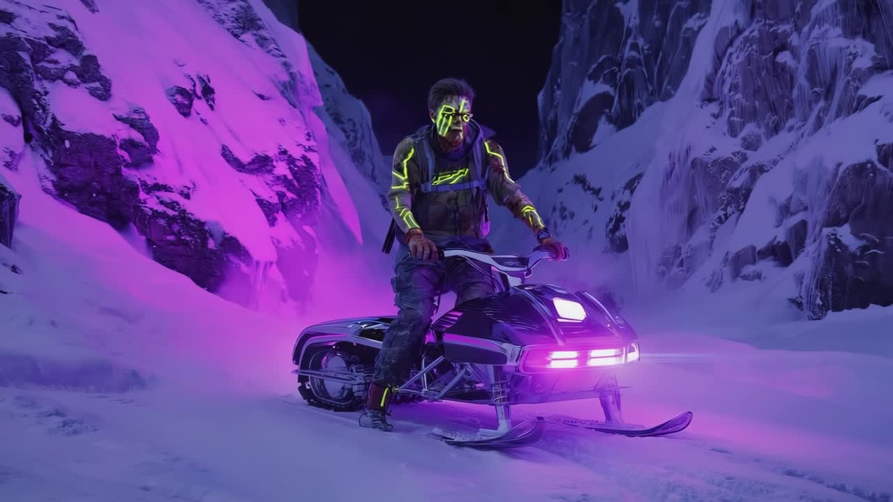Futuristic Snowmobiler in Neon-Lit Mountains