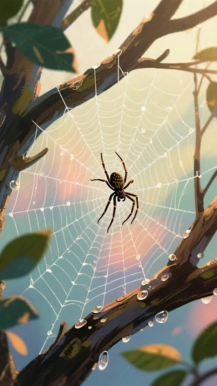 Spider slowly descending on its thread in a web between branches