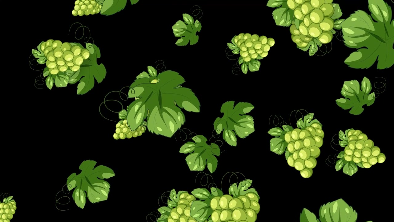 Grappoli d'uva verde stilizzati e foglie cadono verticalmente su uno sfondo nero solido.