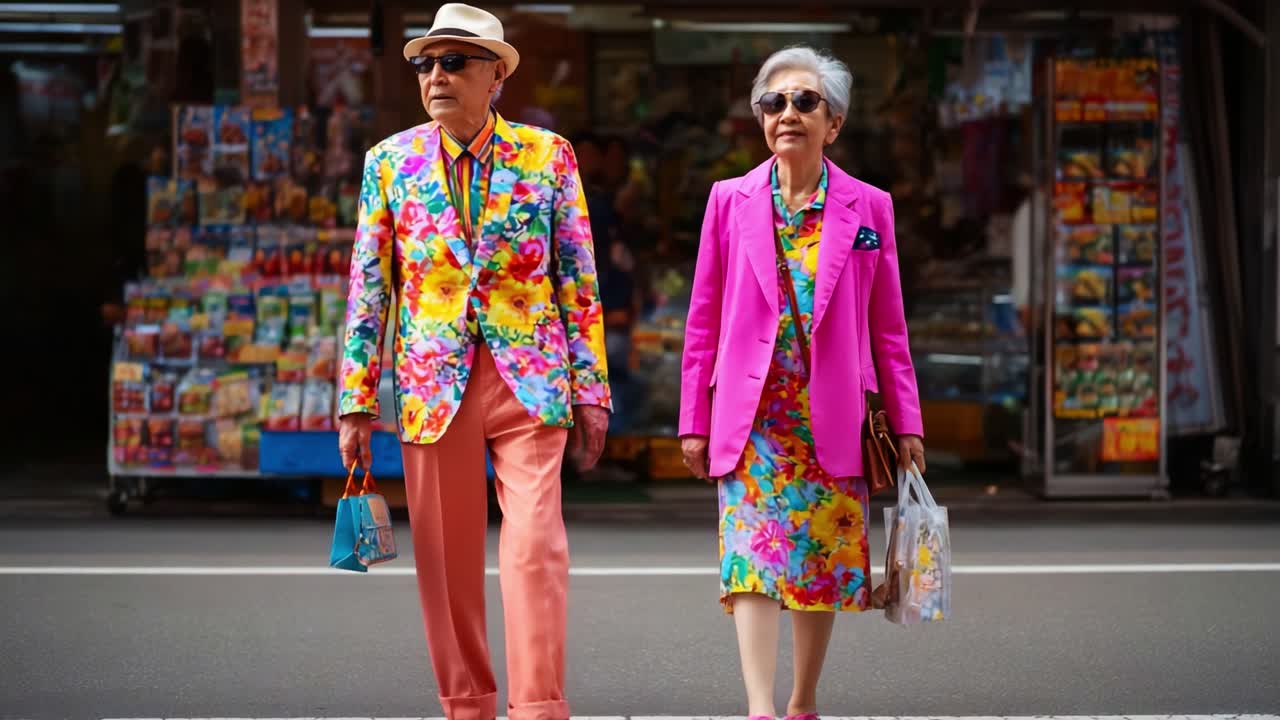 A Stylish Senior Couple Striding with Confidence: Vibrant Floral Outfits and Sunglasses Create a Trendy Fashion Statement on the Busy Street, Showcasing a Celebration of Colorful Personal Style