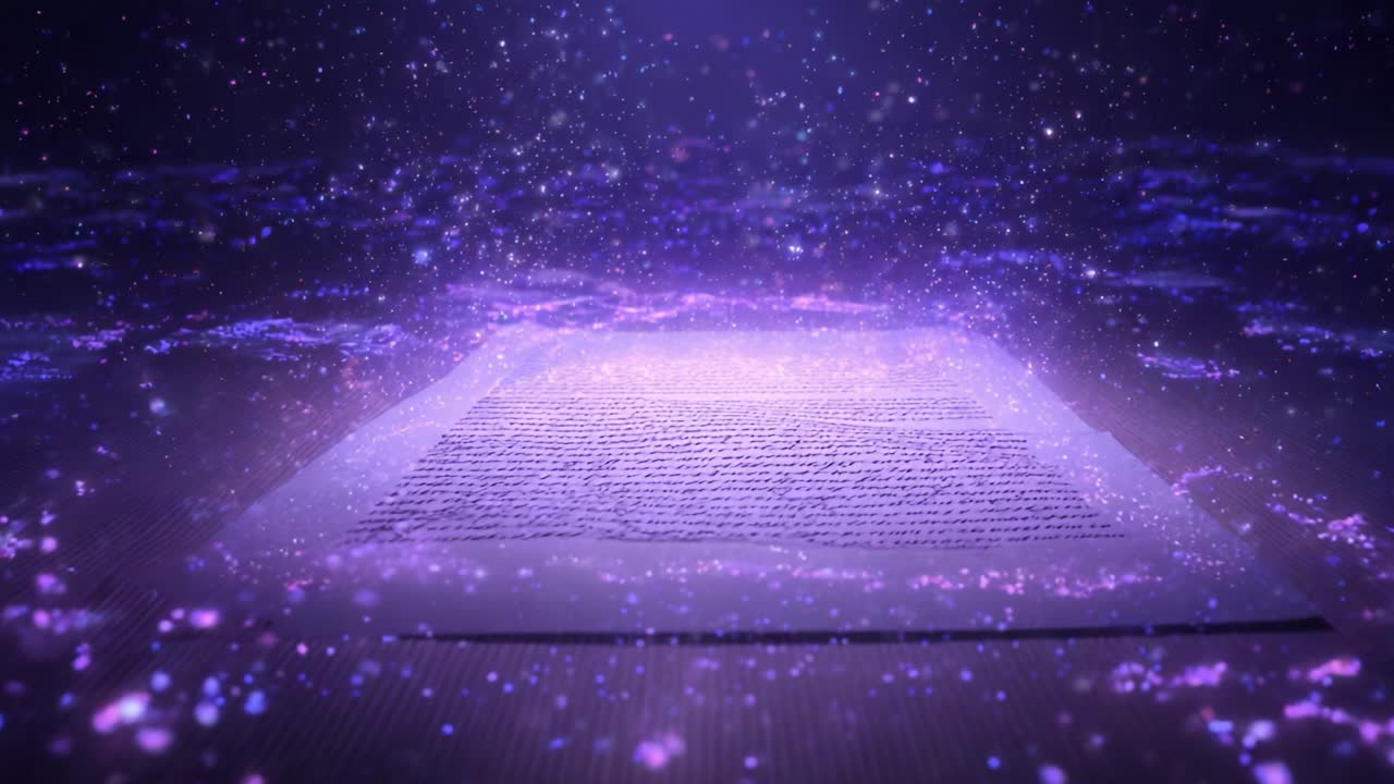 Magical purple scroll with ancient cuneiform writing glowing brightly, revealing universal secrets and knowledge while surrounded by sparkling cosmic particles against a starry night background