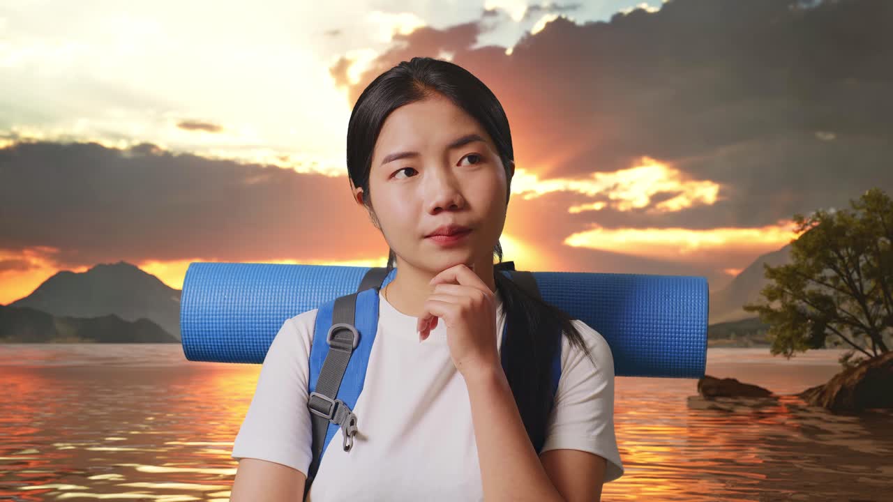 해가 지는 동안 행복한 여인 여행자