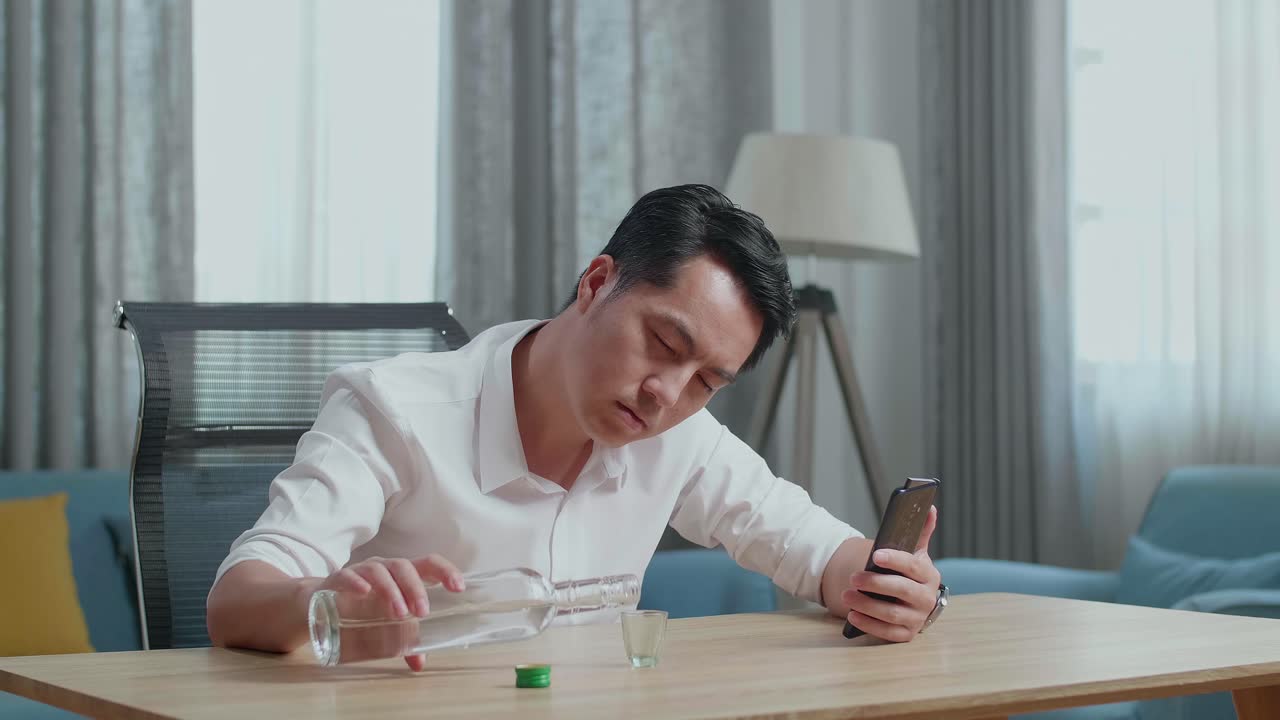 술에 취한 우울한 아시아 남자가 집에서 스마트폰을 사용하는 동안 술을 마시기 전에 글라스에 보드카를 부어 넣습니다.