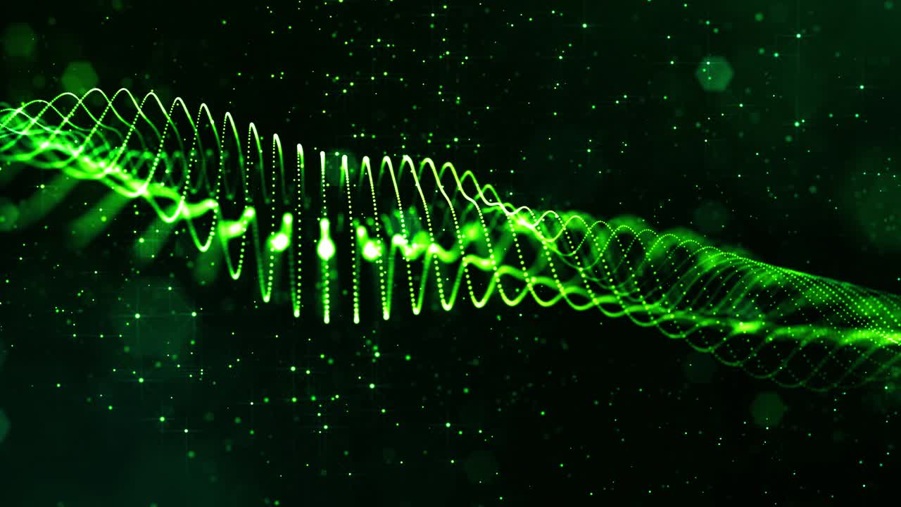 보케와 빛 효과를 가진 4k 루프 공상 과학 녹색 배경: 빛나는 녹색 입자가 가상 공간 또는 홀로그램으로 선, 표면,  구조를 형성합니다.