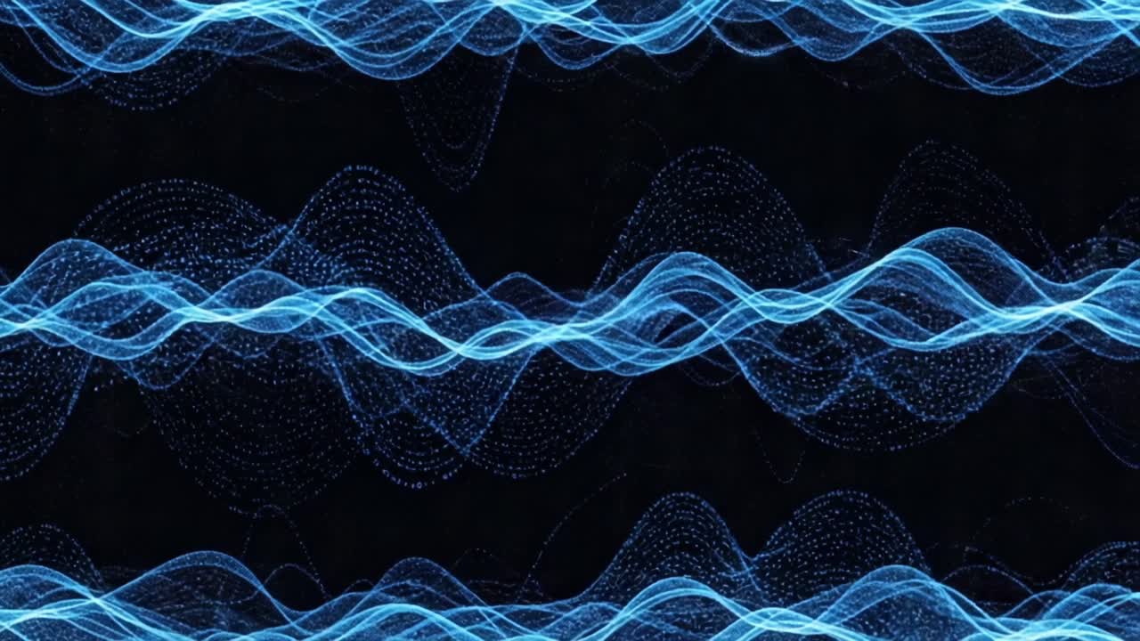Dynamic Blue Waveforms on Dark Background: A Visual Representation of Flowing Energy Patterns in Abstract Digital Art Design