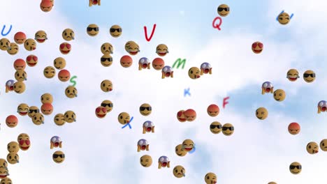 Animation-of-floating-emojis-and-letters-over-clouds