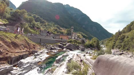 fpv aerial drone footage along river to lavertezzo, switzerland