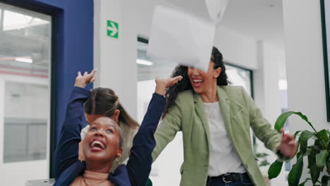 Office,-celebration-or-happy-women-push-chair-to