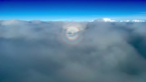 amazing view from a jet cockpit of the halo and shadow of a jet flying through layers of stratus