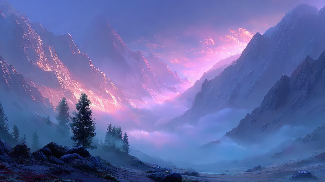 Stunning Mountain Landscape at Twilight: A Breathtaking View of Majestic Peaks Surrounded by Ethereal Mist and Vibrant Skies Capturing Nature's Beauty