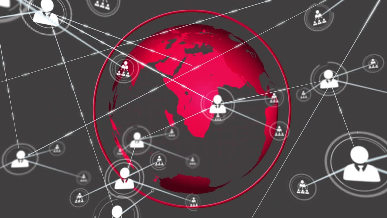 Animation of network of profile icons over spinning globe against grey background