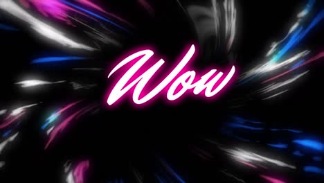 animation of wow text over light trails on black background