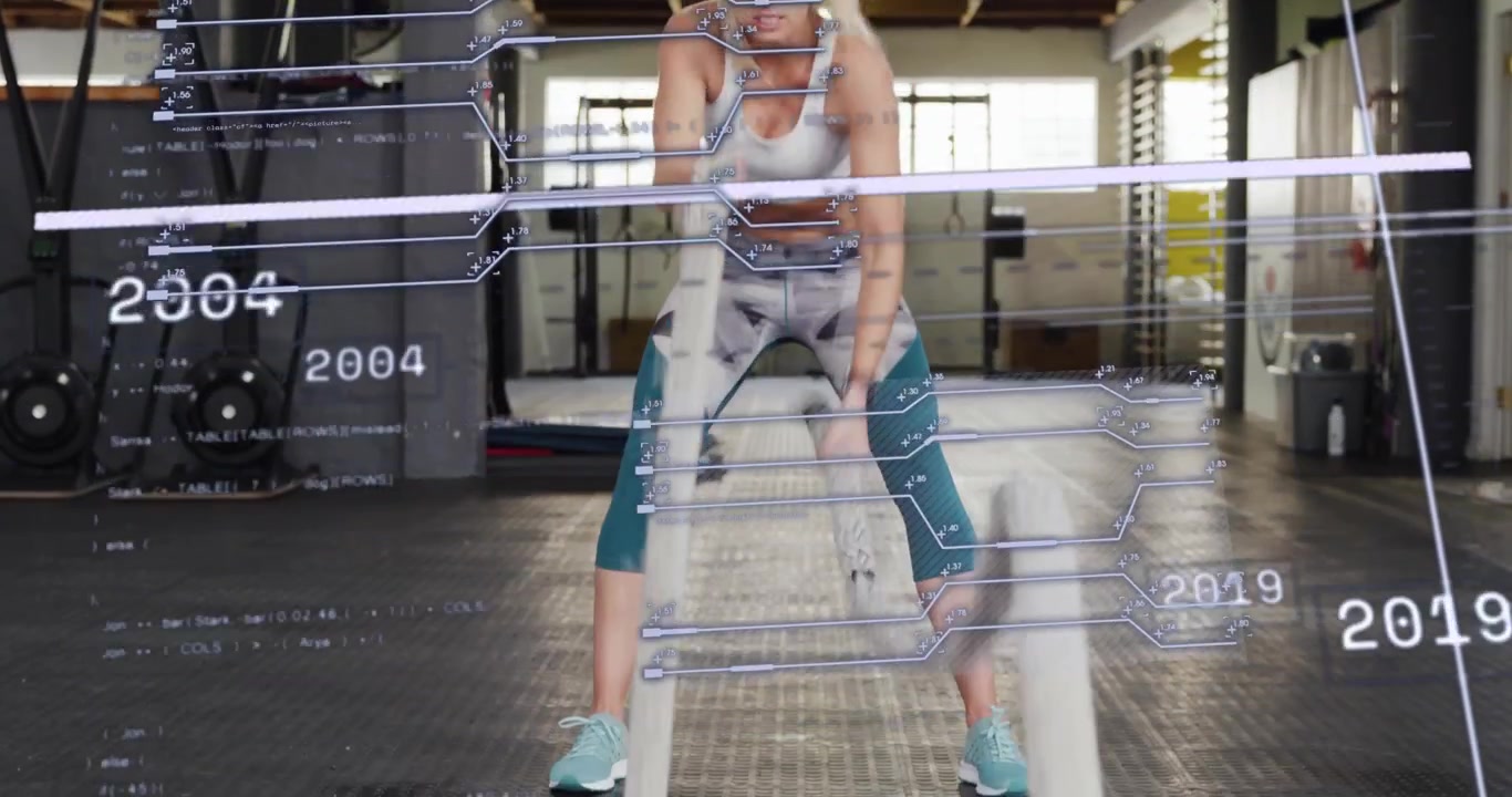 Fitness enthusiast shifting into squat, launching rope waves with transparent overlays for fitness